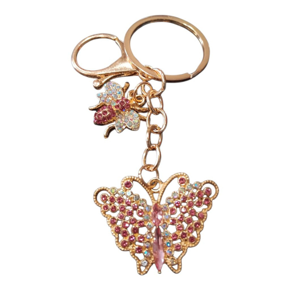 Beautiful Pink Rhinestone Butterfly Bumblebee Gold Tone Keychain Purse Charm - Picture 2 of 8